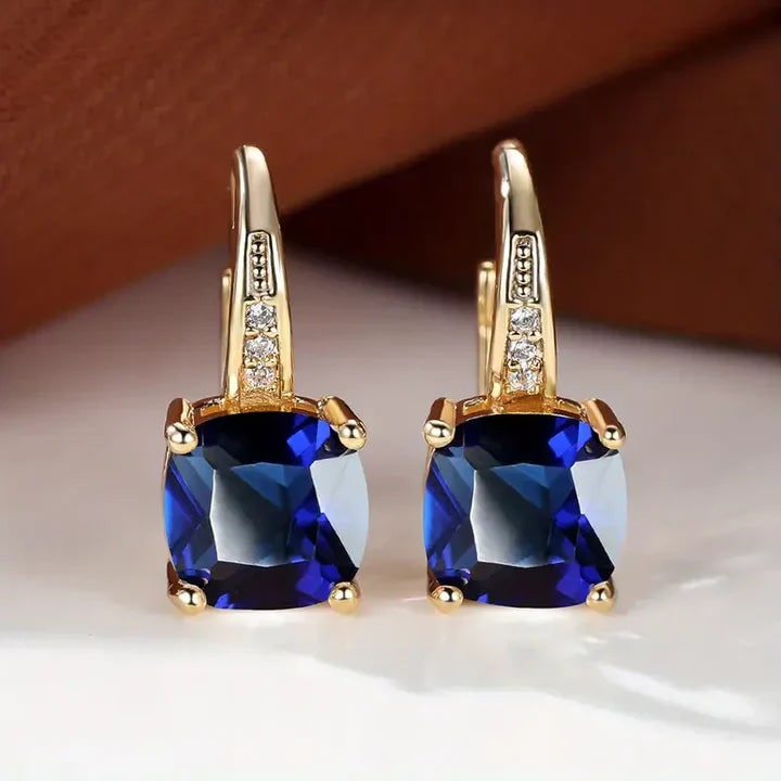 Women's Cushion Cut Gemstone Gold Drop Earrings Leverback - Image 1