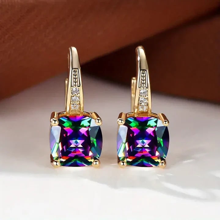 Women's Cushion Cut Gemstone Gold Drop Earrings Leverback - Image 2