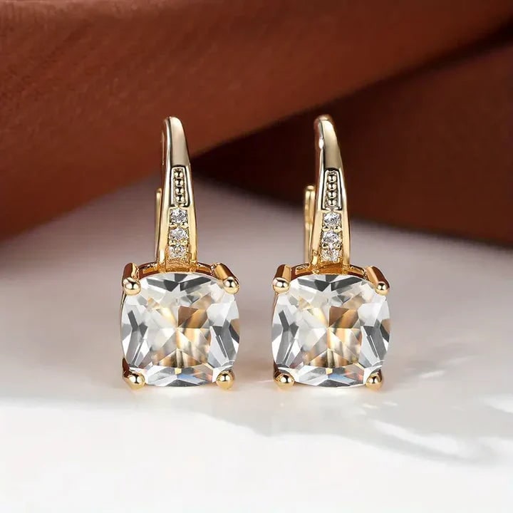 Women's Cushion Cut Gemstone Gold Drop Earrings Leverback - Image 3