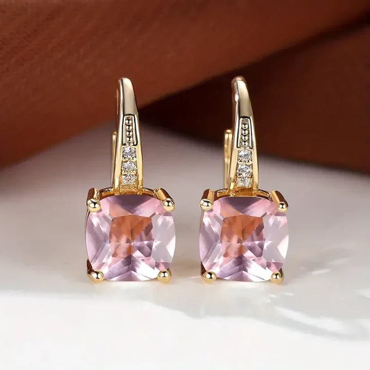 Women's Cushion Cut Gemstone Gold Drop Earrings Leverback - Image 7