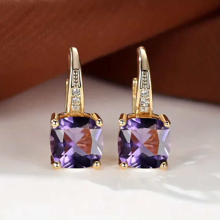 Women's Cushion Cut Gemstone Gold Drop Earrings Leverback - Image 8
