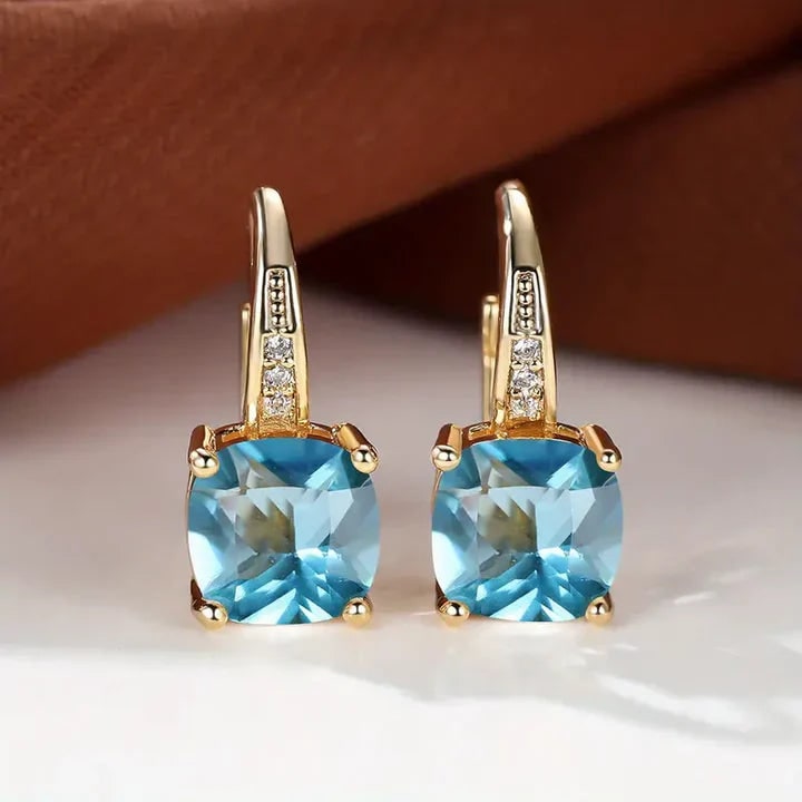 Women's Cushion Cut Gemstone Gold Drop Earrings Leverback - Image 9