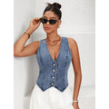 Women's Denim Vest Sleeveless with V-Neck and Pointed Hem Button Closure - Image 1