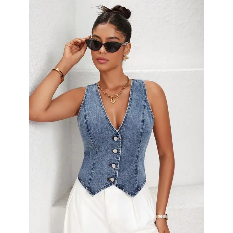 Women's Denim Vest Sleeveless with V-Neck and Pointed Hem Button Closure - Image 1