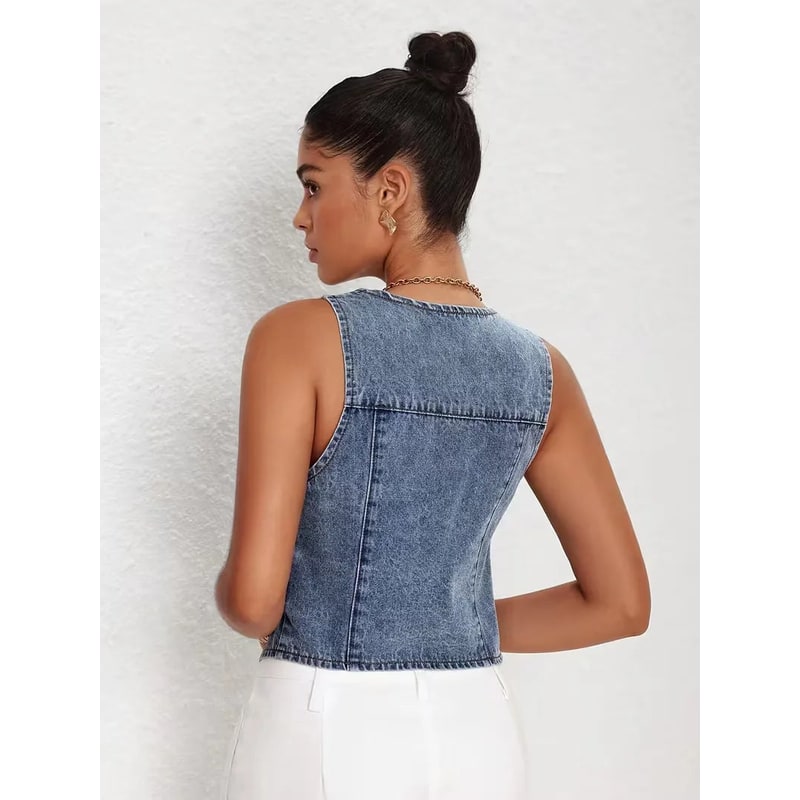 Women's Denim Vest Sleeveless with V-Neck and Pointed Hem Button Closure - Image 2