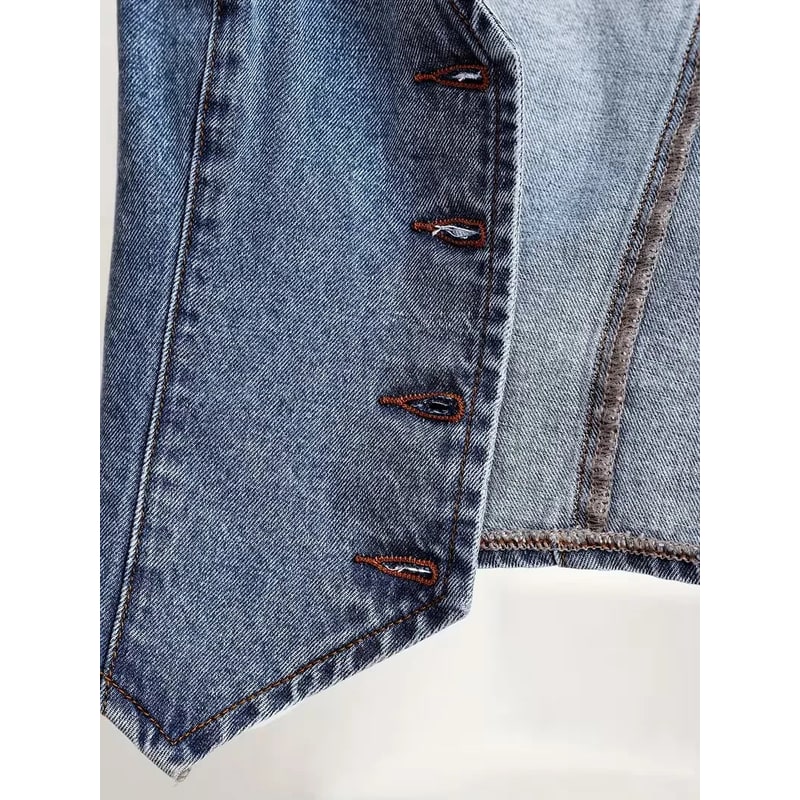 Women's Denim Vest Sleeveless with V-Neck and Pointed Hem Button Closure - Image 4