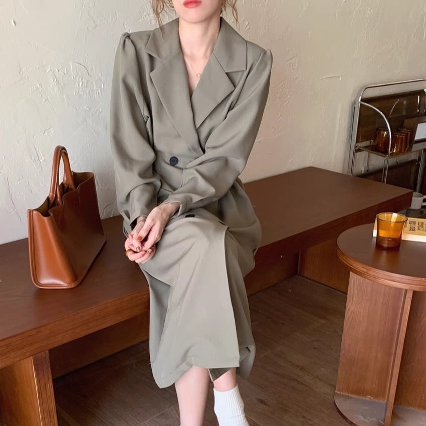 Women's Double Breasted Blazer Dress with Puff Sleeves Midi Length - Image 2