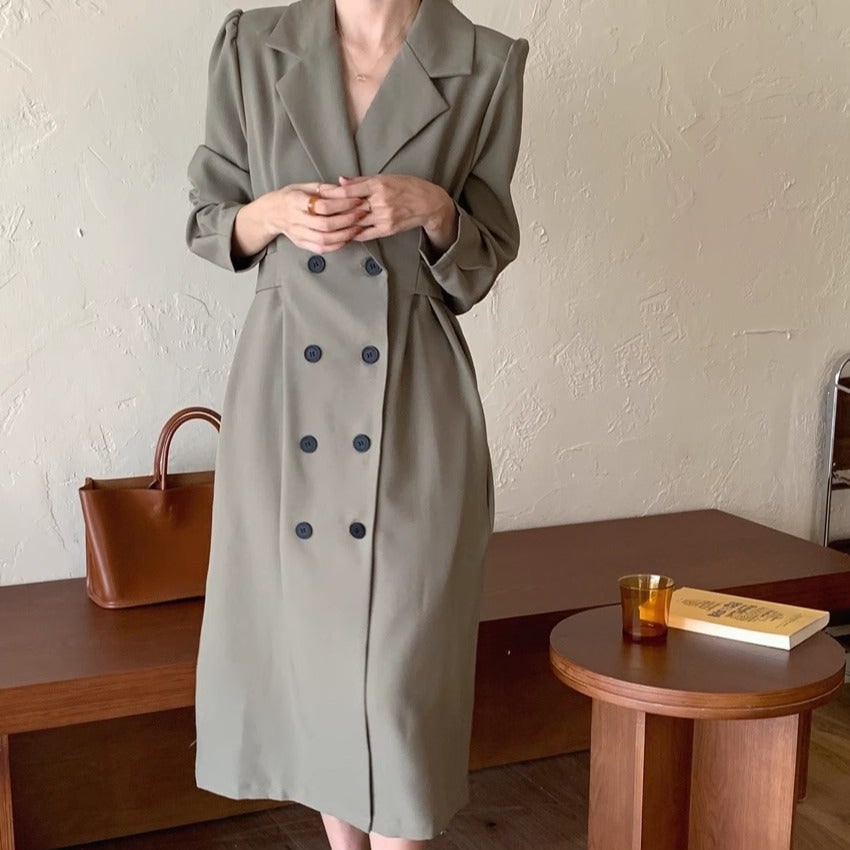 Women's Double Breasted Blazer Dress with Puff Sleeves Midi Length - Image 3
