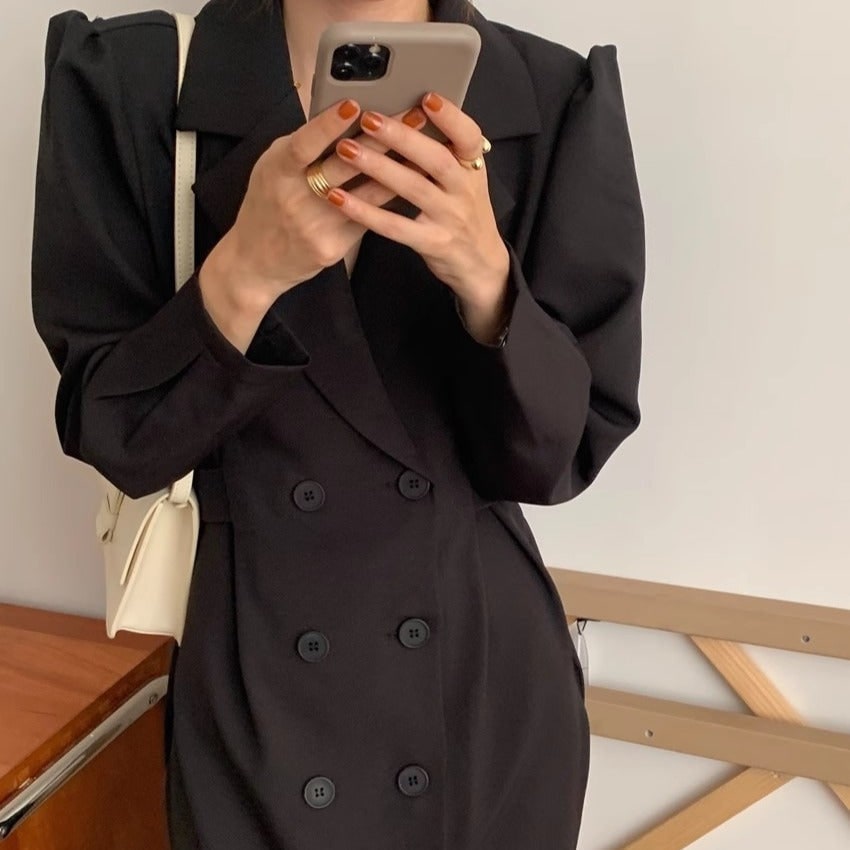Women's Double Breasted Blazer Dress with Puff Sleeves Midi Length - Image 4