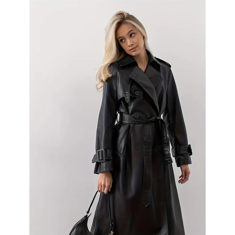 Women's Double-Breasted Leather Trench Coat with Belted Waist and Notched Lapel - Image 1