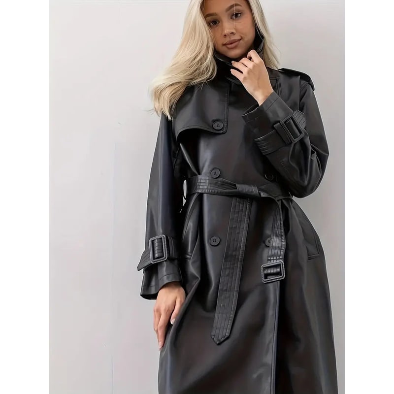 Women's Double-Breasted Leather Trench Coat with Belted Waist and Notched Lapel - Image 2
