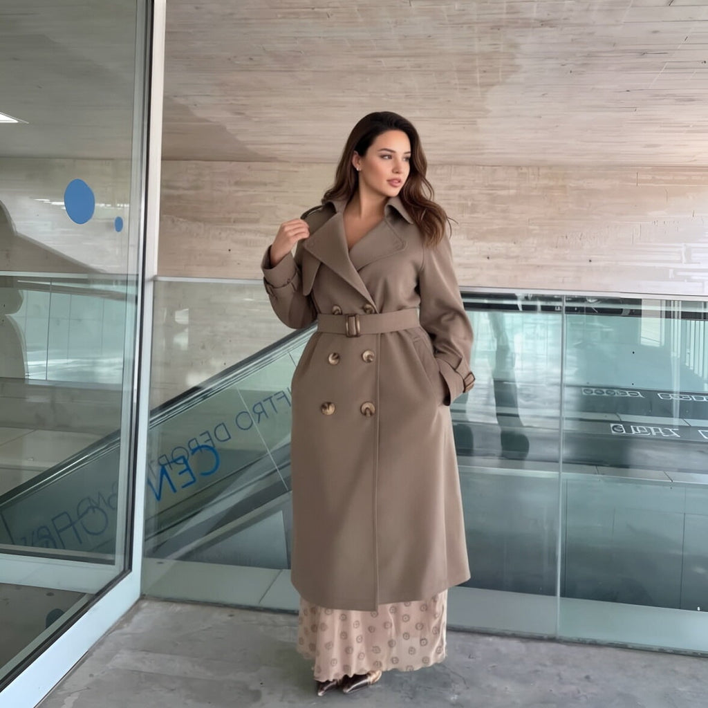 Women's Double Breasted Long Trench Coat with Belt and Notched Lapel - Image 1