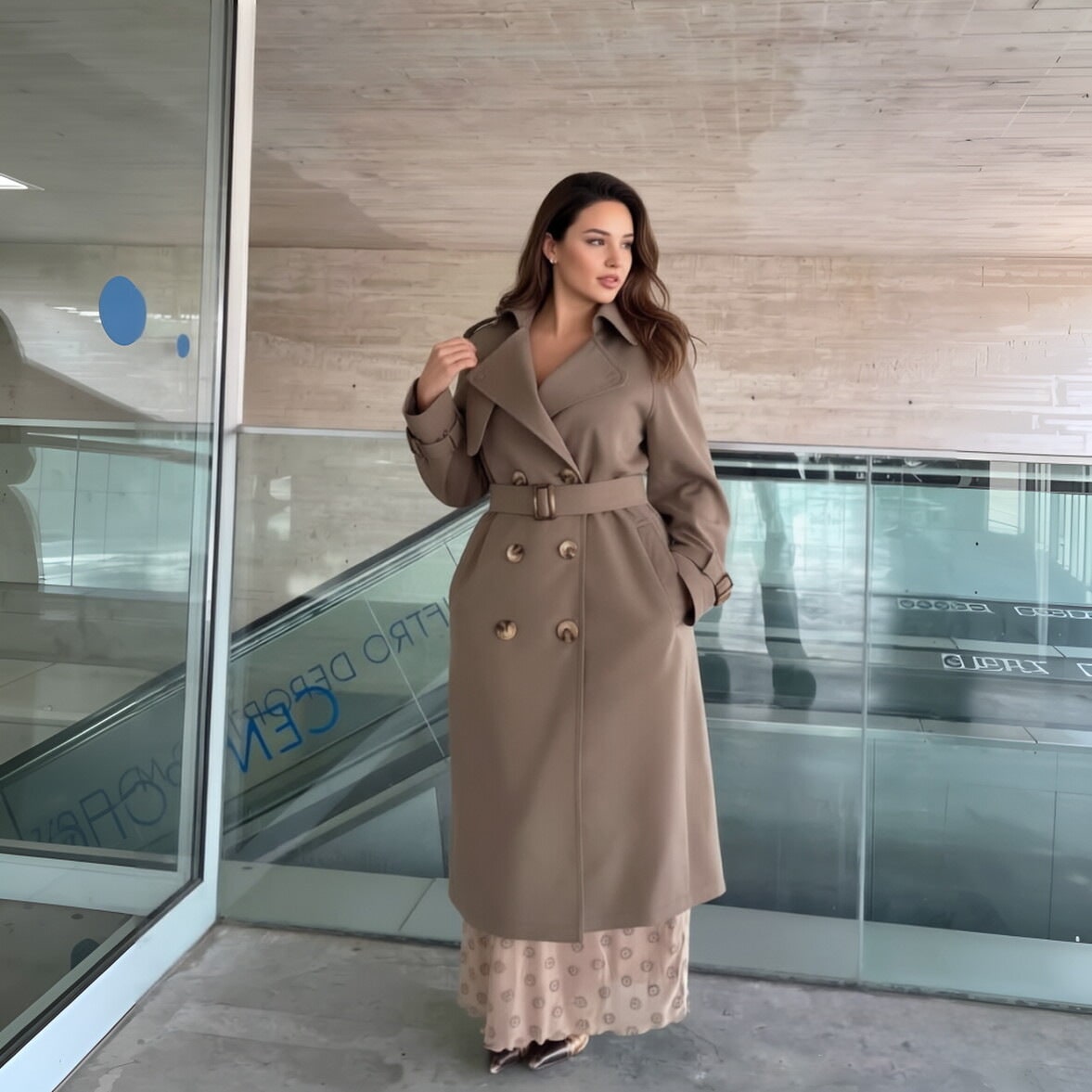 Women's Double Breasted Long Trench Coat with Belt and Notched Lapel - Image 1