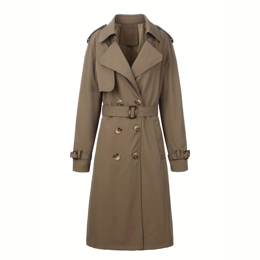 Women's Double Breasted Long Trench Coat with Belt and Notched Lapel - Image 2