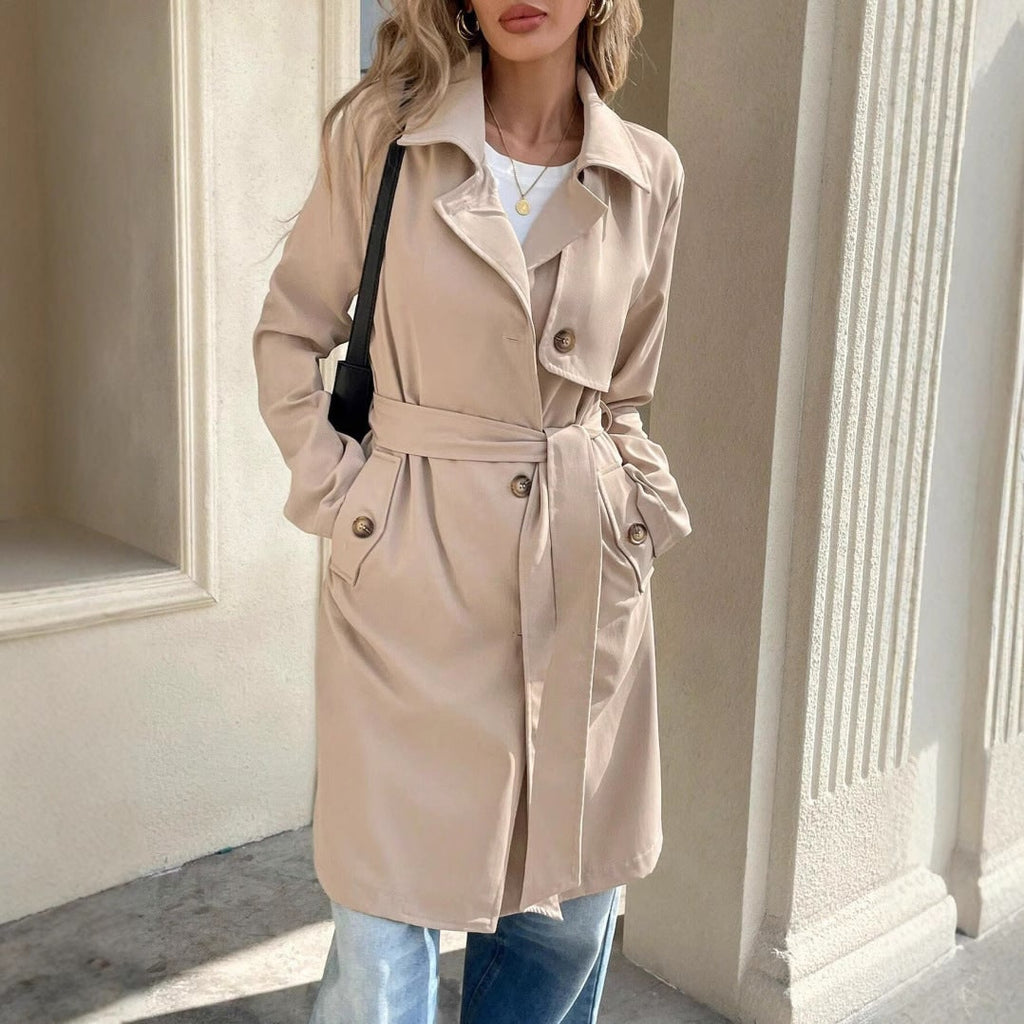 Women's Double Breasted Mid Length Trench Coat with Notched Lapel and Belt - Image 2