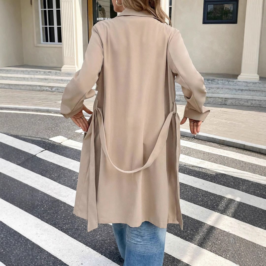 Women's Double Breasted Mid Length Trench Coat with Notched Lapel and Belt - Image 4
