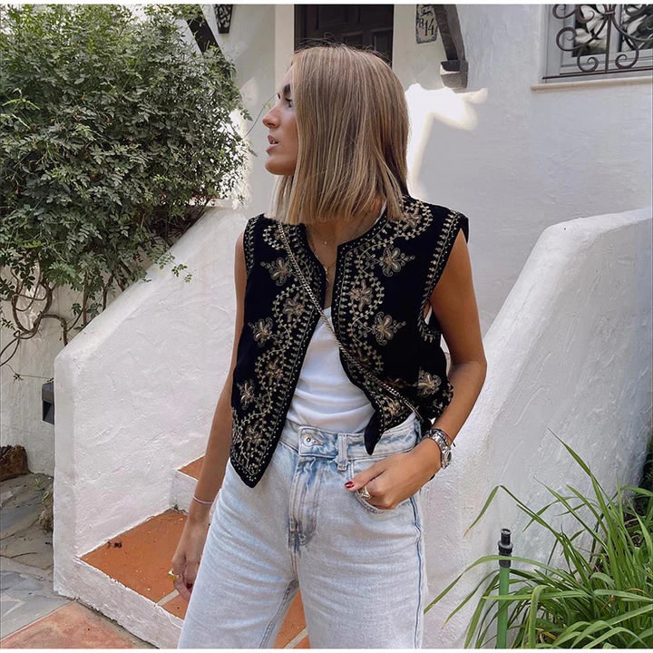 Women's Embroidered Velvet Vest with Gold Silver Sequin Bohemian Pattern Open Front - Image 2