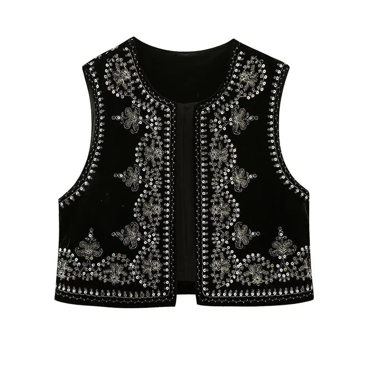 Women's Embroidered Velvet Vest with Gold Silver Sequin Bohemian Pattern Open Front - Image 3