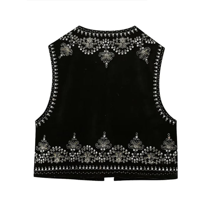 Women's Embroidered Velvet Vest with Gold Silver Sequin Bohemian Pattern Open Front - Image 4