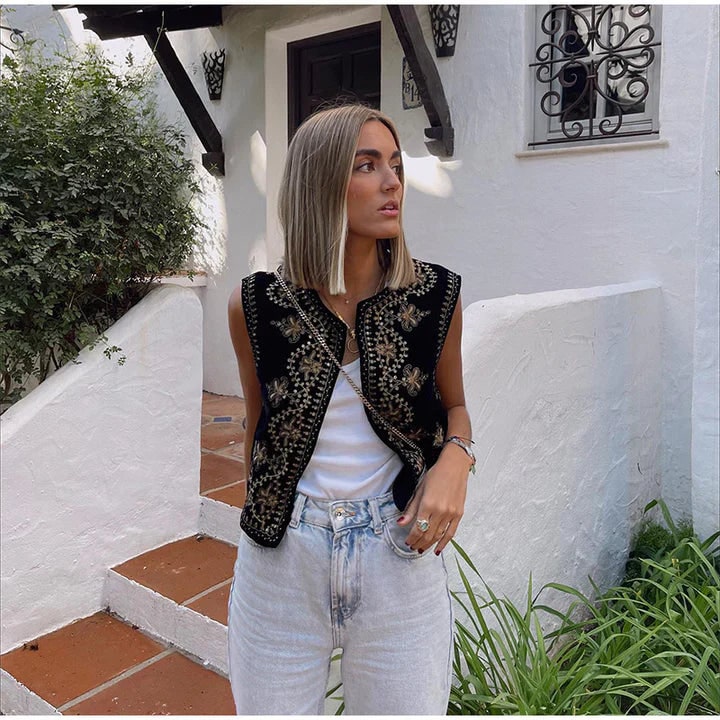Women's Embroidered Velvet Vest with Gold Silver Sequin Bohemian Pattern Open Front - Image 5