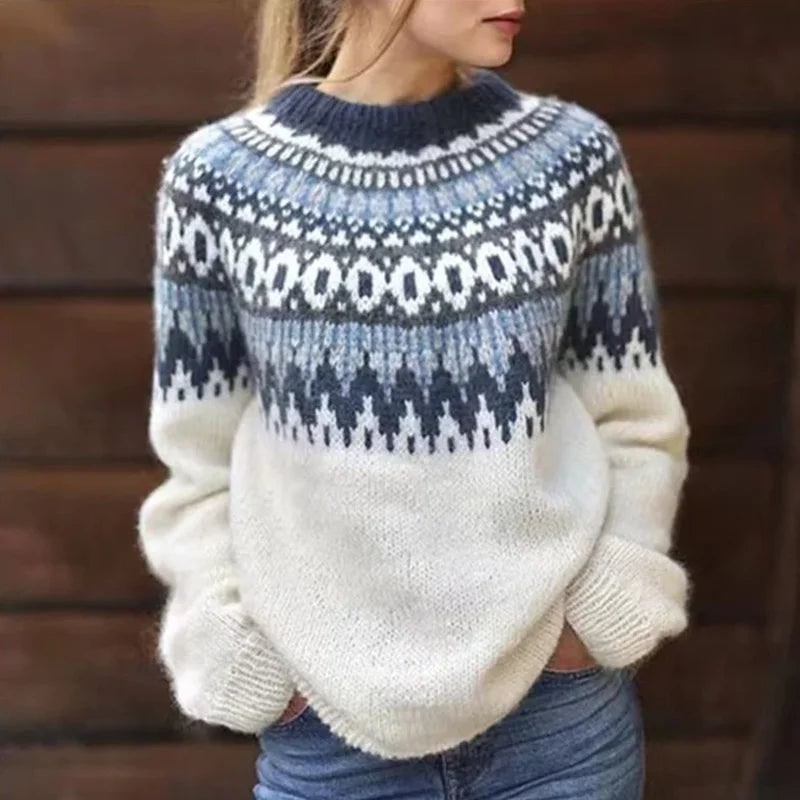 Women's Fair Isle Knit Sweater with Ribbed Crew Neck and Christmas Jumper - Image 1
