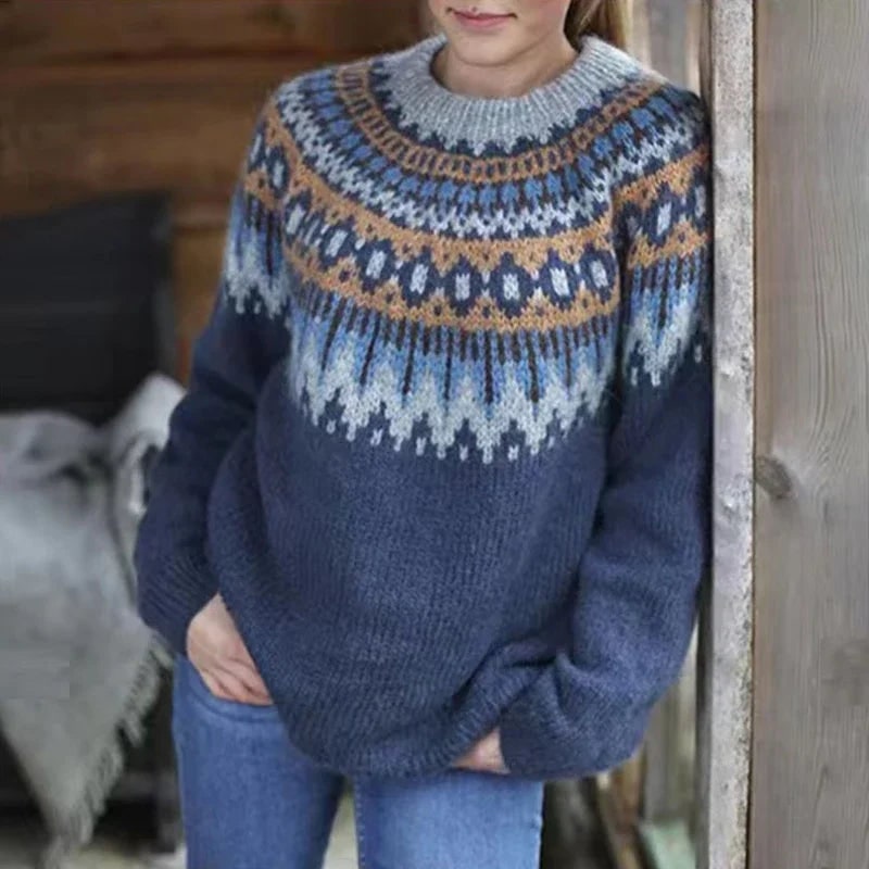 Women's Fair Isle Knit Sweater with Ribbed Crew Neck and Christmas Jumper - Image 2