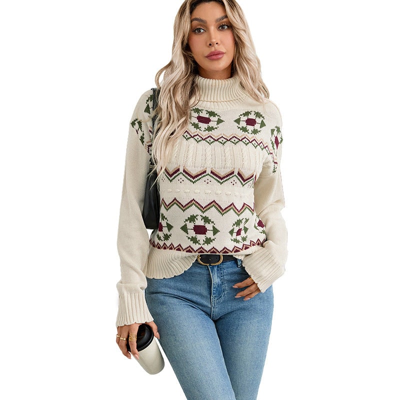 Women's Fair Isle Knit Turtleneck Sweater with Cable and Ribbed Details - Image 5