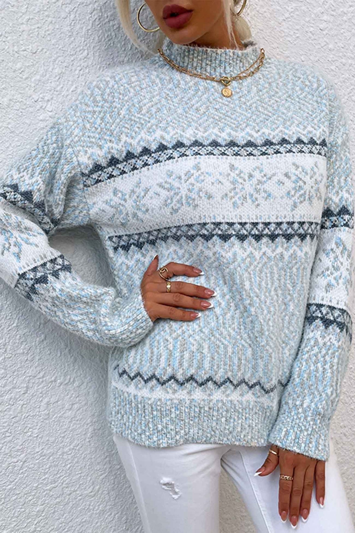 Women's Fair Isle Mock Neck Pullover Sweater with Snowflake Knit and Ribbed Cuffs - Image 5