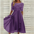 Women's Fall Wedding Guest A-Line Midi Dress with Lace Bodice and Draped Chiffon - Image 1