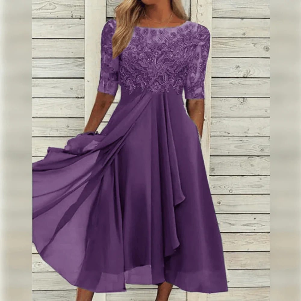 Women's Fall Wedding Guest A-Line Midi Dress with Lace Bodice and Draped Chiffon - Image 1