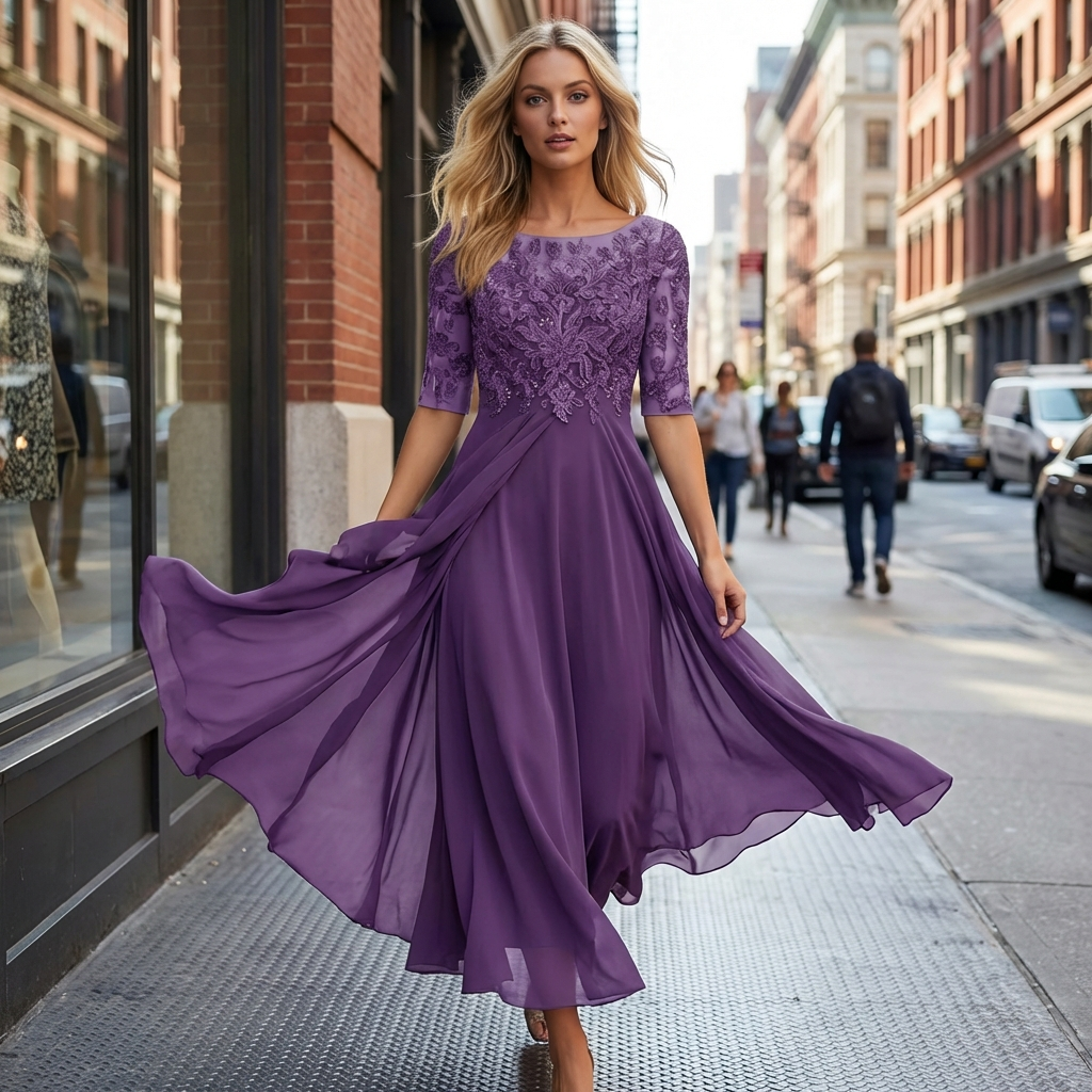 Women's Fall Wedding Guest A-Line Midi Dress with Lace Bodice and Draped Chiffon - Image 2