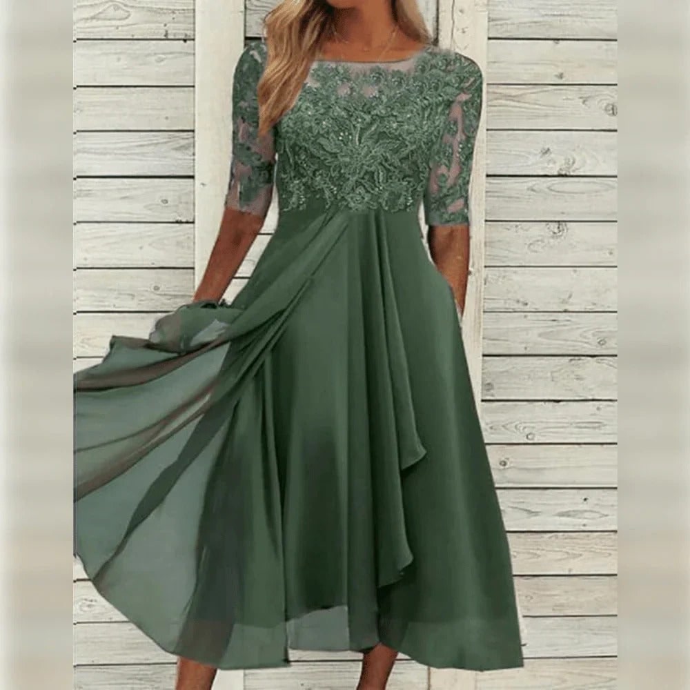 Women's Fall Wedding Guest A-Line Midi Dress with Lace Bodice and Draped Chiffon - Image 3
