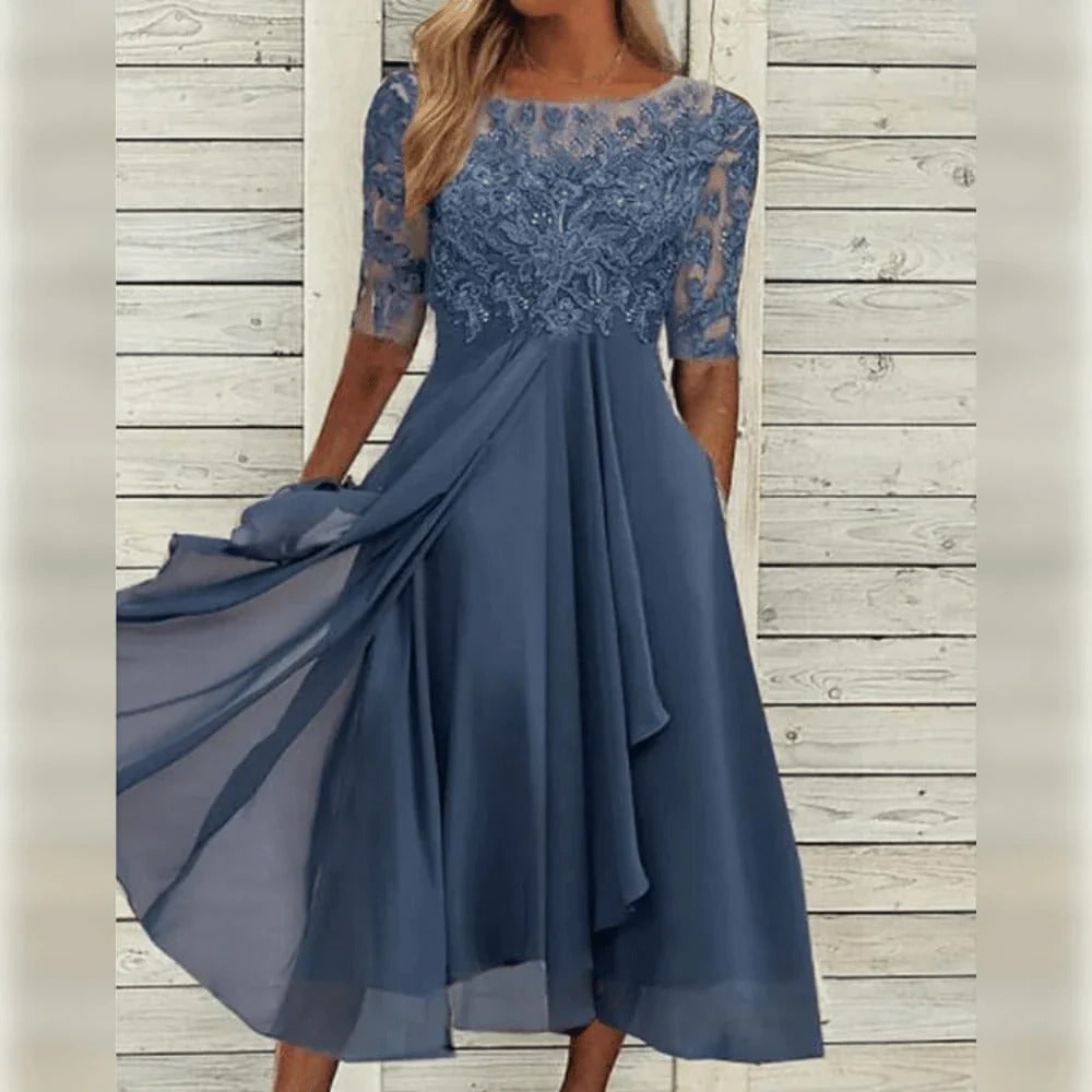 Women's Fall Wedding Guest A-Line Midi Dress with Lace Bodice and Draped Chiffon - Image 4