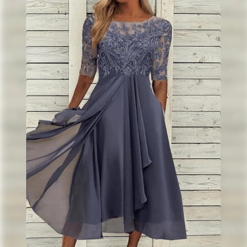Women's Fall Wedding Guest A-Line Midi Dress with Lace Bodice and Draped Chiffon - Image 5