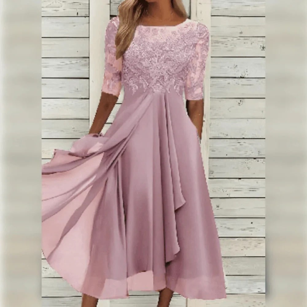 Women's Fall Wedding Guest A-Line Midi Dress with Lace Bodice and Draped Chiffon - Image 6