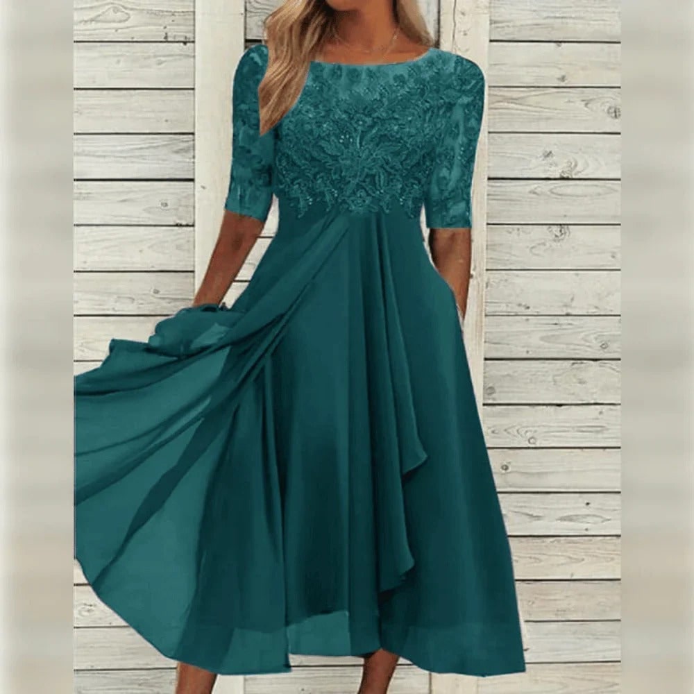 Women's Fall Wedding Guest A-Line Midi Dress with Lace Bodice and Draped Chiffon - Image 7