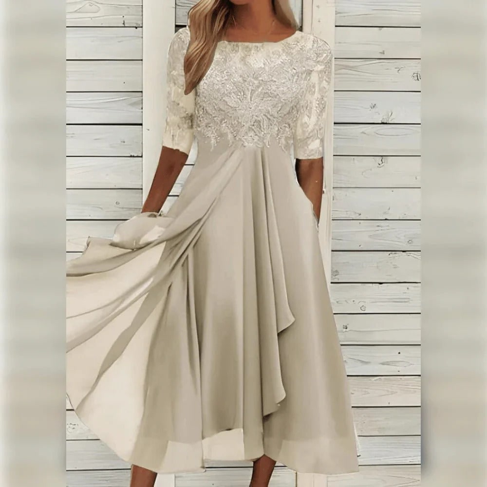 Women's Fall Wedding Guest A-Line Midi Dress with Lace Bodice and Draped Chiffon - Image 8