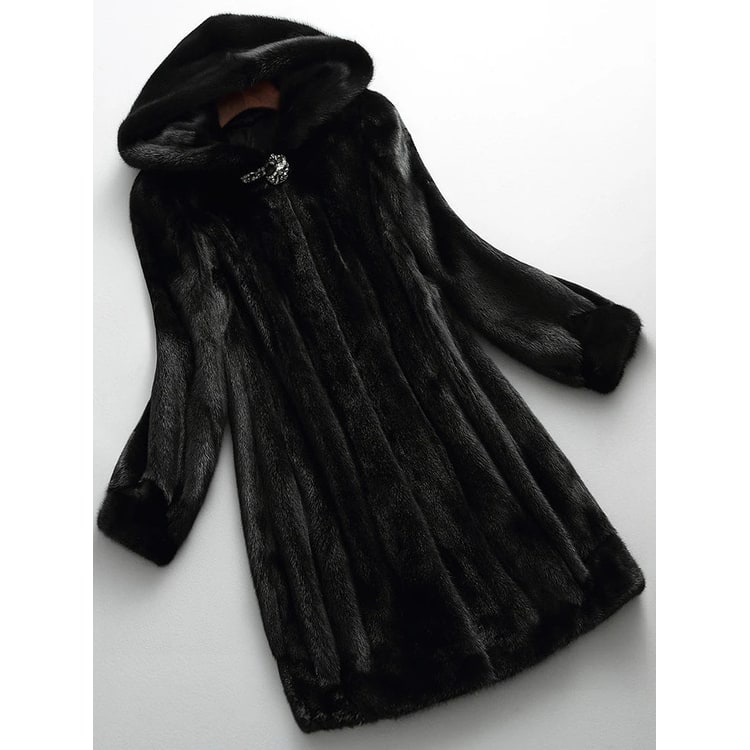 Women's Faux Fur Coat with Jeweled Clasp and Fur-Lined Hood - Image 1
