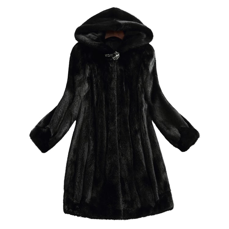 Women's Faux Fur Coat with Jeweled Clasp and Fur-Lined Hood - Image 3