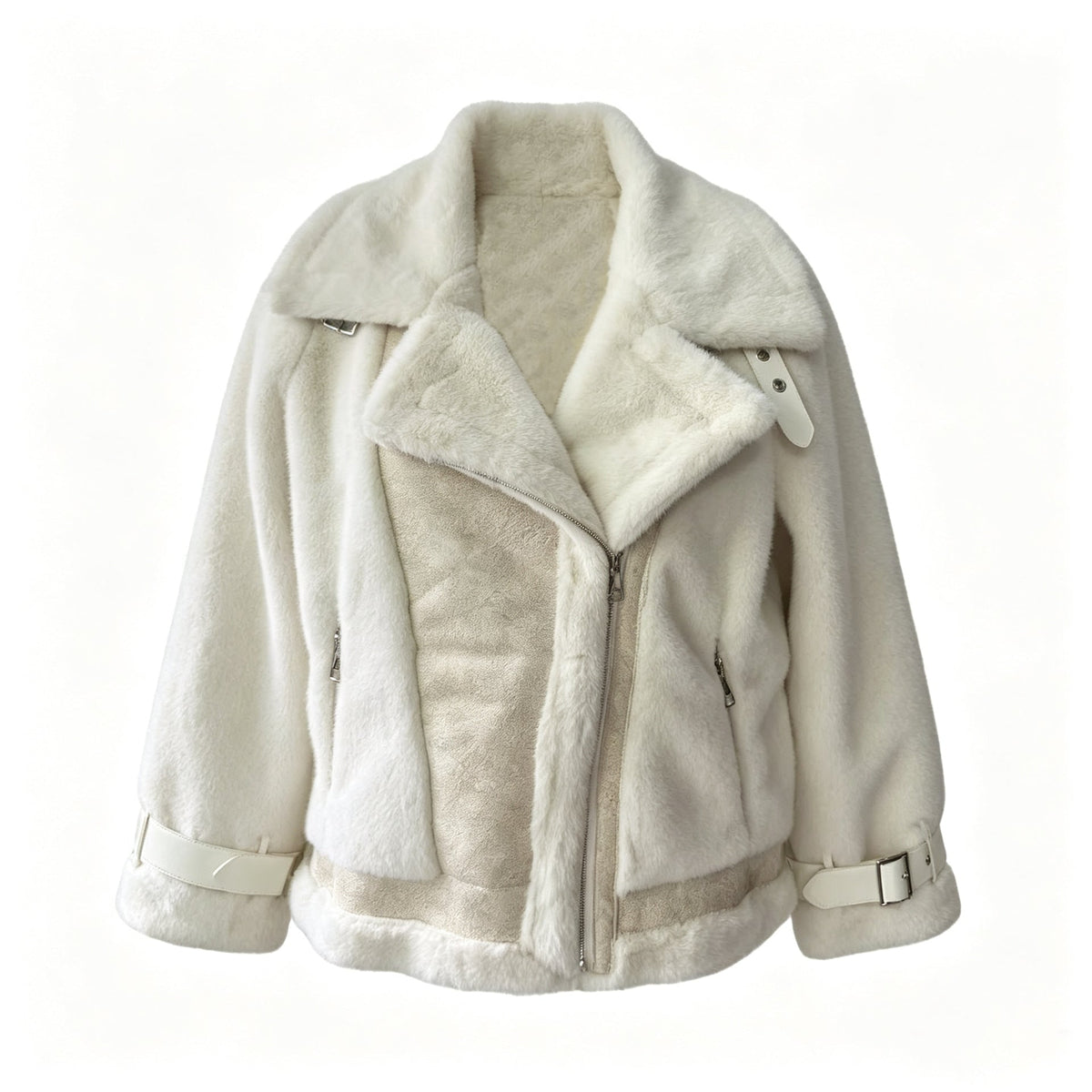 Women's Faux Fur Jacket with Leather Trim and Oversized Lapels - Image 1