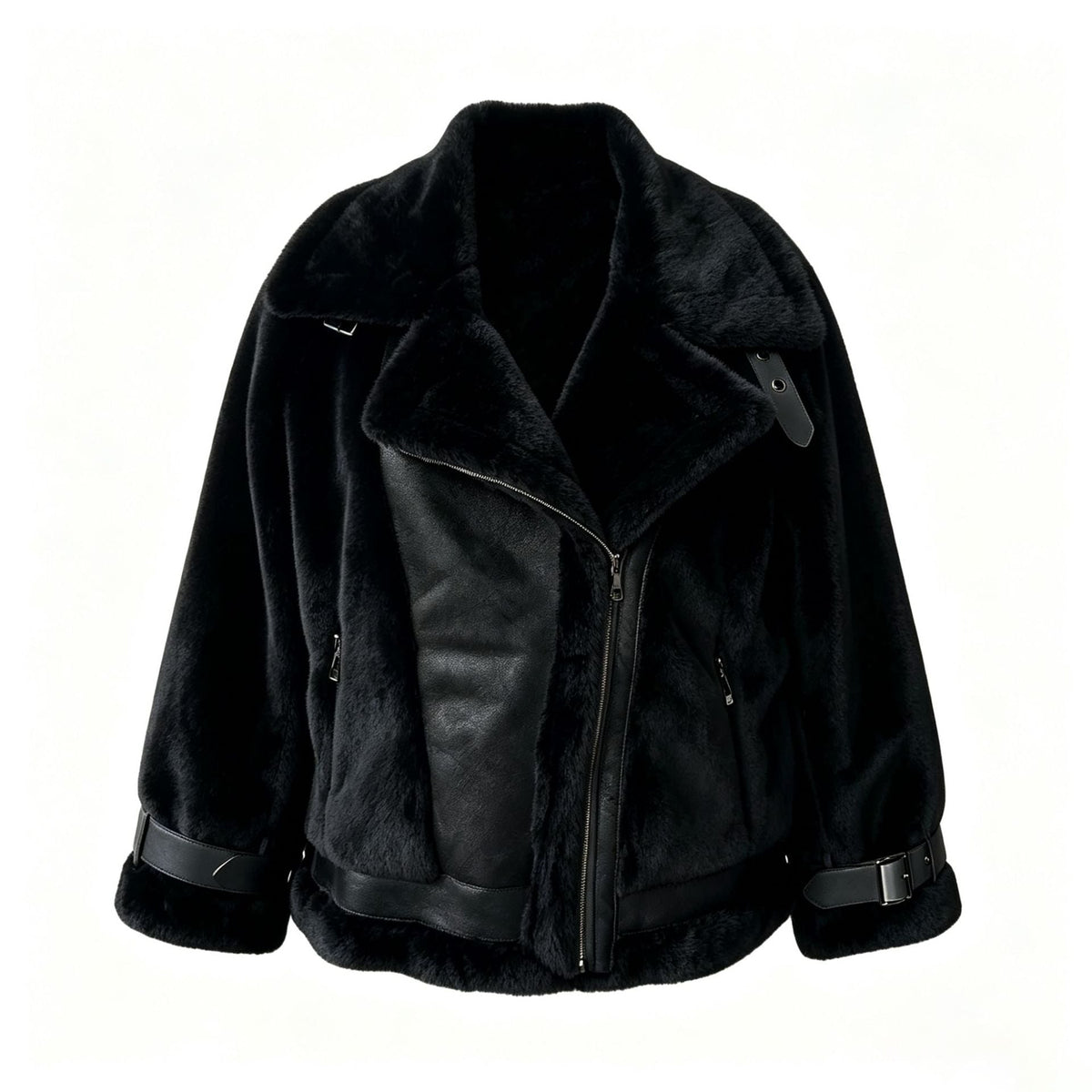 Women's Faux Fur Jacket with Leather Trim and Oversized Lapels - Image 5