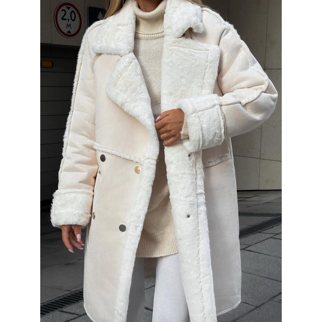 Women's Faux Fur Long Winter Coat with Double Breasted Closure and Shearling Trim - Image 1