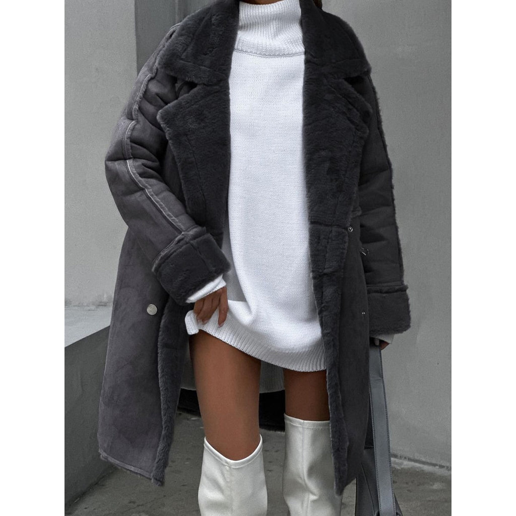 Women's Faux Fur Long Winter Coat with Double Breasted Closure and Shearling Trim - Image 2