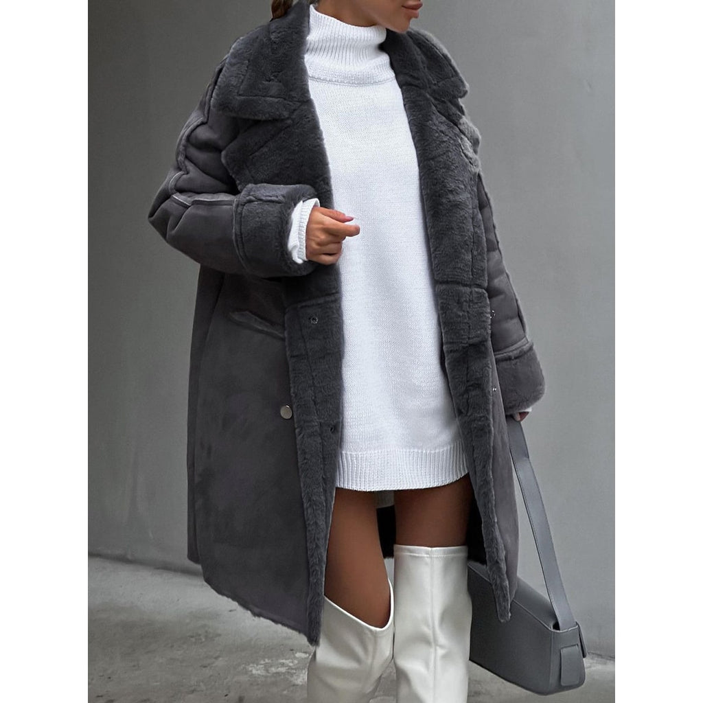 Women's Faux Fur Long Winter Coat with Double Breasted Closure and Shearling Trim - Image 3