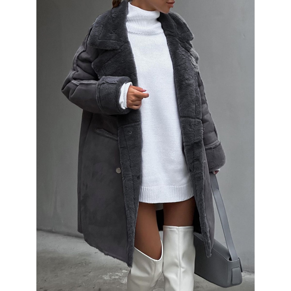 Women's Faux Fur Long Winter Coat with Double Breasted Closure and Shearling Trim - Image 3
