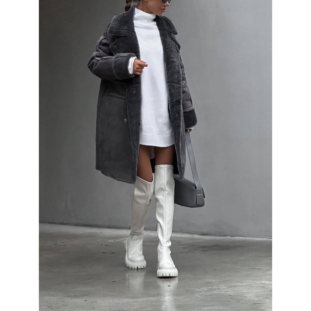 Women's Faux Fur Long Winter Coat with Double Breasted Closure and Shearling Trim - Image 4