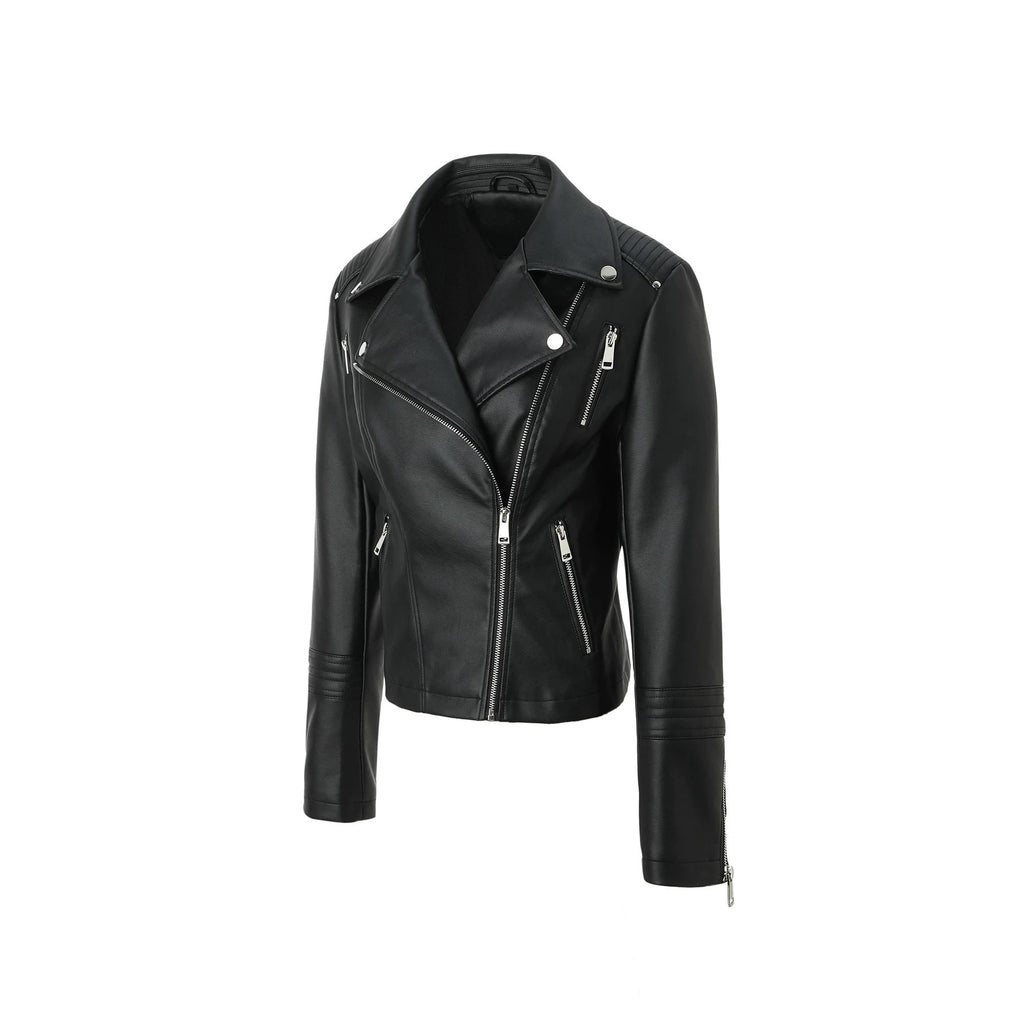 Women's Faux Leather Biker Jacket with Asymmetrical Zip and Quilted Shoulders - Image 2