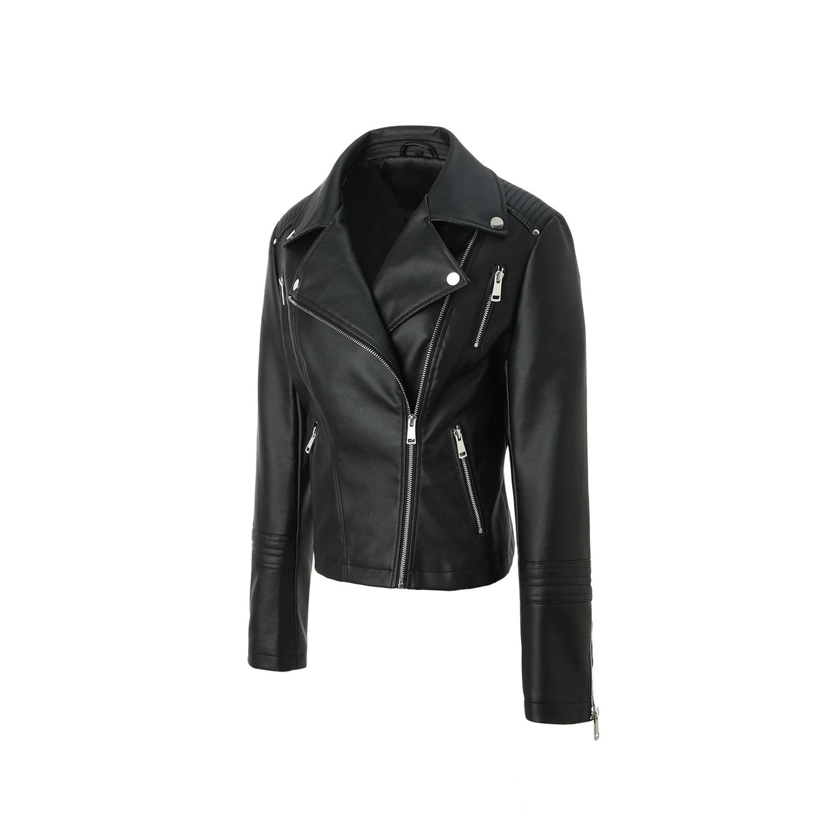 Women's Faux Leather Biker Jacket with Asymmetrical Zip and Quilted Shoulders - Image 2