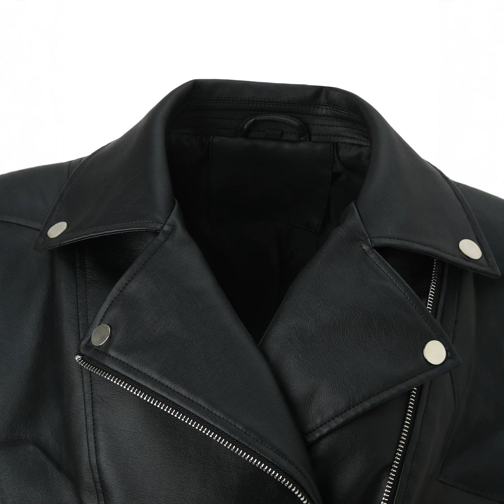 Women's Faux Leather Biker Jacket with Asymmetrical Zip and Quilted Shoulders - Image 4