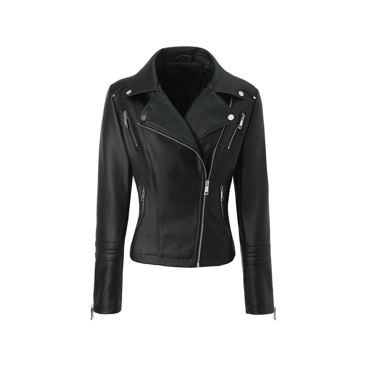 Women's Faux Leather Biker Jacket with Asymmetrical Zip and Quilted Shoulders - Image 7